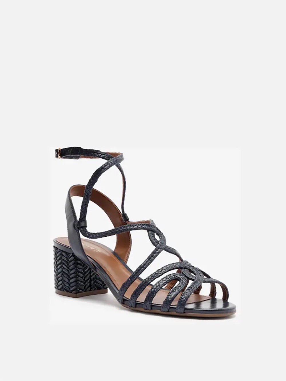 Black Braided-Strap Block Heel Sandals with Ankle Wrap